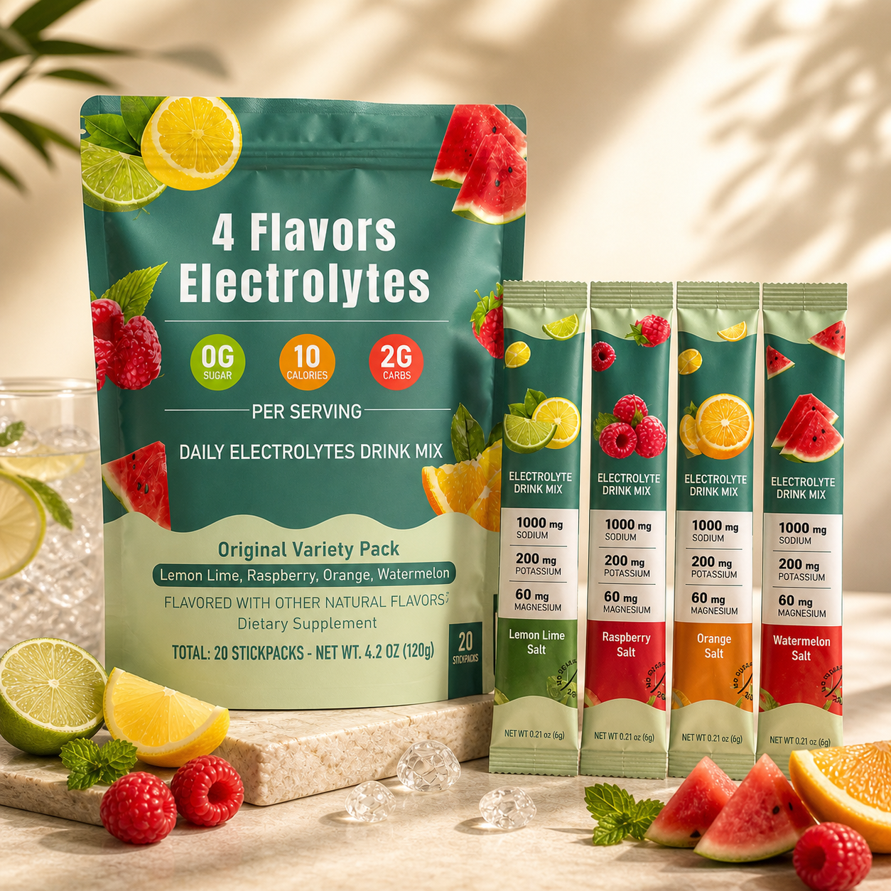 Prime Electrolytes™ – Daily Hydration Drink Mix | 4 Flavor Variety Pack (0 Sugar, 1000mg Sodium, 20 Stick Packs)