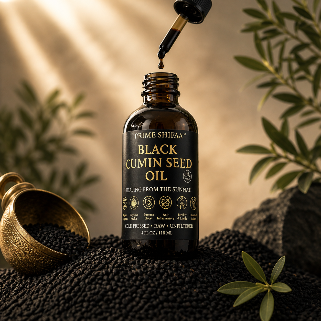 Prime Shifaa™ Black Cumin Seed Oil — Cold Pressed, Raw & Unfiltered | Premium Nigella Sativa | Healing from the Sunnah (4oz / 118ml)
