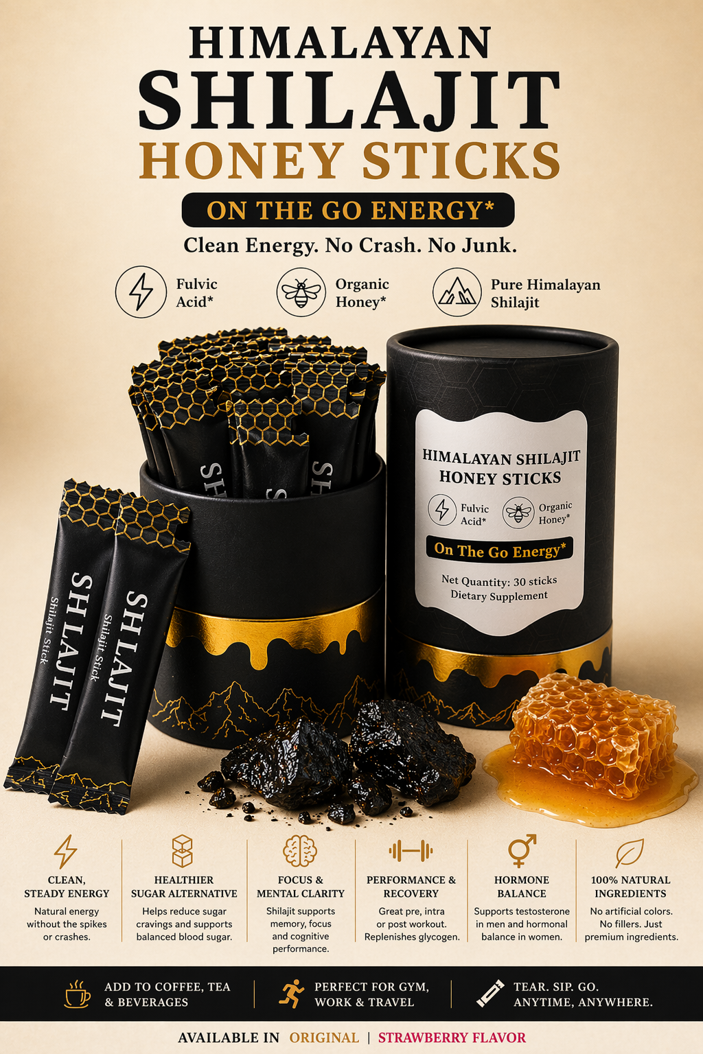 Prime Pure Himalayan shilajit, raw honey, and Kashmiri saffron Sticks