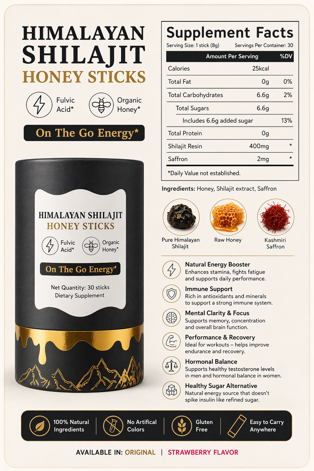 Prime Pure Himalayan shilajit, raw honey, and Kashmiri saffron Sticks