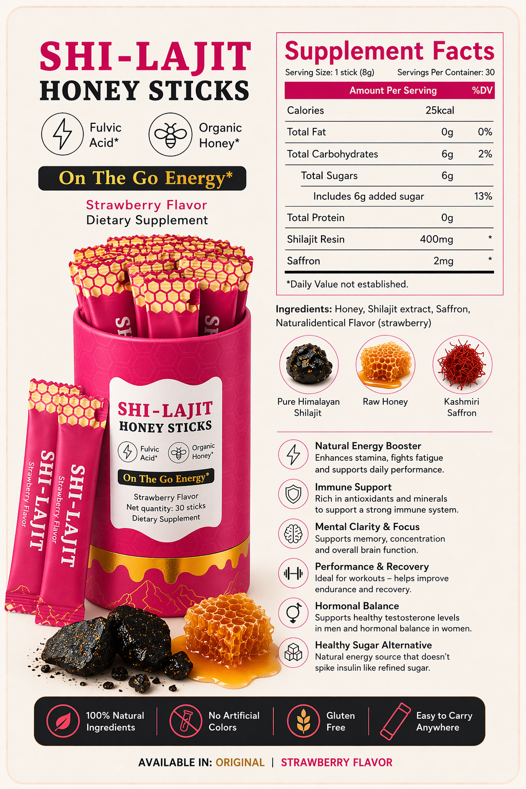 Prime Pure Himalayan shilajit, raw honey, and Kashmiri saffron Sticks